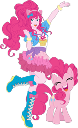 Size: 3667x6000 | Tagged: safe, artist:pink1ejack, imported from derpibooru, kotobukiya, pinkie pie, human, pony, equestria girls, absurd resolution, boots, clothes, cute, eyes closed, female, human ponidox, jacket, kotobukiya pinkie pie, miniskirt, moe, open mouth, ponytail, rah rah skirt, raised leg, self ponidox, shoes, simple background, skirt, smiling, solo, transparent background, vector