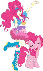 Size: 3667x6000 | Tagged: safe, artist:pink1ejack, imported from derpibooru, kotobukiya, pinkie pie, human, pony, equestria girls, absurd resolution, boots, clothes, cute, eyes closed, female, human coloration, human ponidox, humanized, jacket, kotobukiya pinkie pie, miniskirt, moe, open mouth, ponytail, rah rah skirt, raised leg, self ponidox, shoes, simple background, skirt, smiling, solo, transparent background, vector