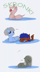 Size: 782x1409 | Tagged: safe, artist:ravenpuff, imported from derpibooru, oc, oc:51, oc:butters, oc:claudia, oc:sir reginald butterscop pendragon iv jr., oc:skye gazer, alicorn, duck, duck pony, ..., alicorn oc, behaving like a bird, female, frown, glasses, male, mare, sad, smiling, stallion, unamused