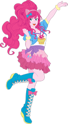 Size: 3308x6000 | Tagged: safe, artist:pink1ejack, imported from derpibooru, kotobukiya, pinkie pie, human, equestria girls, absurd resolution, boots, clothes, cute, female, jacket, kotobukiya pinkie pie, miniskirt, moe, open mouth, rah rah skirt, raised leg, shoes, simple background, skirt, smiling, solo, transparent background, vector