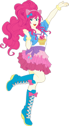 Size: 3308x6000 | Tagged: safe, artist:pink1ejack, imported from derpibooru, kotobukiya, pinkie pie, human, equestria girls, absurd resolution, boots, clothes, cute, female, human coloration, humanized, jacket, kotobukiya pinkie pie, miniskirt, moe, open mouth, rah rah skirt, raised leg, shoes, simple background, skirt, smiling, solo, transparent background, vector