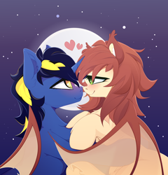 Size: 4800x5000 | Tagged: safe, artist:xsatanielx, imported from derpibooru, oc, oc only, oc:airi, oc:vajr, bat pony, pony, unicorn, commission, duo, female, looking into each others eyes, male, mare, moon, night, rcf community, vairi