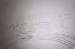 Size: 1080x703 | Tagged: safe, imported from derpibooru, oc, oc:darky wings, pegasus, pony, car, city, mazda rx8, monochrome, mountain, road, traditional art, tree