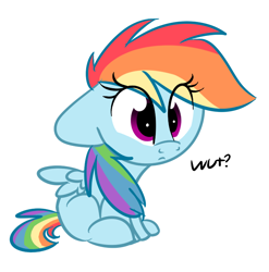 Size: 712x721 | Tagged: safe, artist:lbrcloud, artist:littleblackraencloud, imported from derpibooru, rainbow dash, pegasus, pony, chibi, confused, cute, dashabetes, female, floppy ears, missing cutie mark, reaction image, simple background, sitting, solo, wat, white background