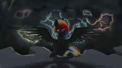 Size: 2560x1440 | Tagged: safe, artist:darky_wings, imported from derpibooru, oc, oc only, oc:darky wings, pegasus, pony, glowing eyes, lightning, night, rock, solo, wings