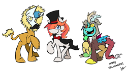 Size: 1510x852 | Tagged: safe, artist:lucas_gaxiola, imported from derpibooru, discord, oc, oc only, big cat, draconequus, earth pony, lion, pony, unicorn, bowtie, clothes, costume, earth pony oc, facial hair, female, hat, horn, lion suit, male, mare, moustache, open mouth, raised hoof, signature, simple background, stallion, top hat, unicorn oc, white background