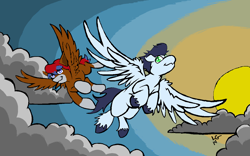 Size: 1238x774 | Tagged: safe, artist:lucas_gaxiola, imported from derpibooru, soarin', oc, pegasus, pony, cloud, coat markings, flying, male, socks (coat marking), socks (coat markings), stallion, sun, unshorn fetlocks