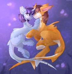 Size: 1989x2048 | Tagged: safe, artist:sukiskuki, imported from derpibooru, oc, oc only, oc:heart afire, oc:killi thaum, original species, shark, shark pony, female, happy, looking at each other, male, shipping