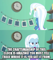 Size: 500x562 | Tagged: safe, edit, edited screencap, imported from derpibooru, screencap, trixie, equestria girls, equestria girls series, forgotten friendship, clock, female, meme, solo