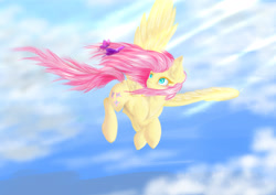 Size: 4092x2893 | Tagged: safe, artist:azzyalder, imported from derpibooru, fluttershy, butterfly, pegasus, pony, female, flying, mare, sky, solo, spread wings, wings