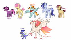 Size: 4096x2303 | Tagged: safe, artist:kianamai, imported from derpibooru, li'l cheese, oc, oc:cinder, oc:hoover, oc:nightfall, oc:phoenix feather, oc:selenite, oc:selenite (rariluna), oc:zapple cider, alicorn, dragon, earth pony, hybrid, pegasus, pony, unicorn, the last problem, alicorn oc, bandana, colored hooves, female, hair over eyes, hoof on chest, horn, interspecies offspring, kilalaverse iii, magical lesbian spawn, male, mare, next generation, offspring, parent:applejack, parent:discord, parent:fluttershy, parent:princess celestia, parent:princess ember, parent:princess luna, parent:queen novo, parent:rainbow dash, parent:rarity, parent:spike, parent:tempest shadow, parent:twilight sparkle, parents:appledash, parents:discoshy, parents:emberspike, parents:novolestia, parents:rariluna, parents:tempestlight, rearing, short tail, simple background, spread wings, stallion, white background, wings