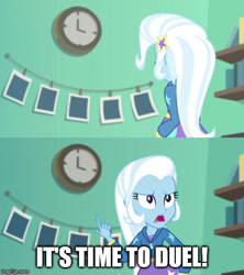 Size: 500x562 | Tagged: safe, edit, edited screencap, imported from derpibooru, screencap, trixie, equestria girls, equestria girls series, forgotten friendship, caption, clock, comic, female, image macro, meme, screencap comic, solo, text, trixie yells at everything, yu-gi-oh!