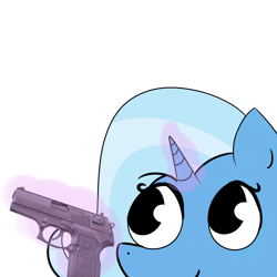 Size: 700x700 | Tagged: artist needed, safe, imported from derpibooru, trixie, pony, unicorn, delet this, female, gun, handgun, magic, mare, pistol, reaction image, simple background, solo, telekinesis, transparent background, weapon