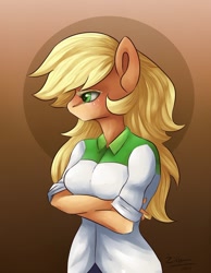 Size: 800x1033 | Tagged: safe, artist:tu-kierownik, artist:zizka-von-mikser, imported from derpibooru, applejack, anthro, alternate hairstyle, breasts, busty applejack, clothes, crossed arms, equestria girls outfit, female, hatless, loose hair, missing accessory, profile, solo