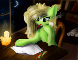 Size: 3720x2893 | Tagged: safe, artist:azzyalder, imported from derpibooru, oc, oc only, earth pony, pony, chest fluff, crystal, home, moon, mouth hold, night, paper, pencil, ruler, solo, window