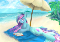 Size: 4092x2893 | Tagged: safe, artist:azzyalder, imported from derpibooru, oc, oc only, pony, unicorn, beach, book, ocean, palm tree, solo, tree, umbrella