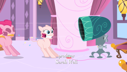 Size: 1280x720 | Tagged: safe, artist:mehoep, edit, edited edit, edited screencap, editor:slayerbvc, imported from derpibooru, screencap, vector edit, pinkie pie, earth pony, pony, season 1, the best night ever, bald, carousel boutique, cartoon physics, cutie mark, female, furless, furless edit, hair blow dryer, hair dryer, mare, pinkie being pinkie, pinkie physics, shaved, shaved tail, solo, vector, wardrobe malfunction