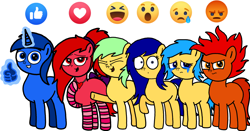 Size: 2478x1295 | Tagged: safe, artist:sebtheartist, deleted from derpibooru, imported from derpibooru, oc, earth pony, pony, unicorn, angry, blank flank, clothes, eyes closed, facebook like, facebook reactions, female, fire hair, glowing horn, horn, jewelry, laughing, love, magic, male, mare, necklace, no tail, ponified, sad, simple background, socks, stallion, striped socks, surprised, telekinesis, white background