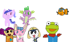 Size: 1074x626 | Tagged: safe, artist:1126jewel5, imported from derpibooru, sea swirl, seafoam, spike, dinosaur, dragon, fish, pony, unicorn, 1000 hours in ms paint, aqua (jewelpet), clownfish, crong (pororo), crossover, disney, dolly (toy story 3), female, jewelpet, looking at you, luna (jewelpet), male, mare, pororo, quality, sanrio, sega, simple background, tamama, toy, toy story 3, waving, white background, winged spike, wings