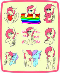 Size: 1500x1801 | Tagged: safe, artist:bitrate16, artist:pegasko, imported from derpibooru, oc, oc:eclipse flight, pegasus, pony, blushing, boop, chest fluff, commission, cute, flag, gay pride flag, heart, holding, holding tail, hug, noseboop, pegasus oc, pride, pride flag, smiling, sticker, sticker set, tail hold, telegram sticker, wings, your character here