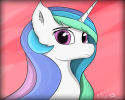 Size: 3840x3072 | Tagged: safe, artist:itssim, imported from derpibooru, princess celestia, pony, bust, female, portrait, red background, signature, simple background, smiling, solo