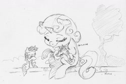 Size: 2173x1456 | Tagged: safe, artist:dilarus, deleted from derpibooru, imported from derpibooru, sweetie belle, twilight sparkle, pony, unicorn, comic:sweetie belle—master of twilights, comic:the many faces of twilight sparkle, behaving like a cat, cute, diasweetes, female, filly, monochrome, purring, simple background, size difference, traditional art, wat, white background