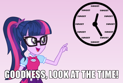 Size: 700x475 | Tagged: safe, artist:wawtoons, imported from derpibooru, sci-twi, twilight sparkle, equestria girls, bowtie, caption, clothes, glasses, image macro, implied lesbian, implied scitwishimmer, implied shipping, implied sunset shimmer, implied sunsetsparkle, look at the time, meme, my little pony logo, pointing, ponytail, skirt, text, twilight sparkle (alicorn), vector