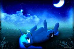 Size: 6000x4000 | Tagged: safe, artist:itssim, imported from derpibooru, princess luna, alicorn, butterfly, pony, beautiful, butterfly on nose, cloud, color porn, constellation, crescent moon, cute, cutie mark, female, grass, insect on nose, lunabetes, mare, missing accessory, moon, night, on back, scenery, scenery porn, solo, starry night, stars