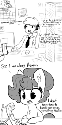 Size: 2250x4500 | Tagged: safe, artist:tjpones, imported from derpibooru, princess luna, twilight sparkle, oc, oc:brownie bun, alicorn, earth pony, human, pony, burger, chest fluff, computer, cute, dialogue, female, food, grayscale, hay burger, horse tech, mare, monochrome, ocbetes, on the internet nobody knows you're a dog, open mouth, phone, simple background, telephone, twilight burgkle, twilight sparkle (alicorn), white background