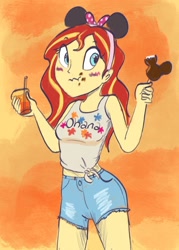 Size: 1024x1431 | Tagged: dead source, safe, artist:pettypop, imported from derpibooru, sunset shimmer, equestria girls, blushing, clothes, disney, disney world, eating, female, food, ice cream, shorts, solo, surprised, tanktop