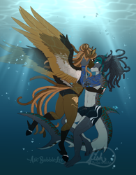 Size: 2775x3558 | Tagged: safe, artist:askbubblelee, imported from derpibooru, oc, oc:island breeze, oc:rogue wave, anthro, hybrid, original species, pegasus, shark, shark pony, unguligrade anthro, anthro oc, belly button, bikini, clothes, couple, digital art, duo, embrace, female, looking at each other, male, mare, midriff, oc x oc, shipping, signature, smiling, stallion, straight, swimming trunks, swimsuit, tiger shark pony, underwater