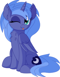 Size: 5844x7454 | Tagged: safe, artist:cyanlightning, imported from derpibooru, princess luna, alicorn, pony, .svg available, :p, absurd resolution, blinking, cute, ear fluff, female, lunabetes, mare, one eye closed, s1 luna, simple background, sitting, smiling, solo, tongue out, transparent background, vector