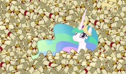 Size: 1031x609 | Tagged: safe, edit, edited screencap, imported from derpibooru, screencap, princess celestia, 28 pranks later, season 6, big ol' pile o' scrolls, spam, worried