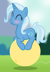 Size: 695x1000 | Tagged: safe, artist:grapefruitface1, artist:twittershy, imported from derpibooru, trixie, pony, base used, blushing, day, exercise, exercise ball, female, outdoors, show accurate, solo