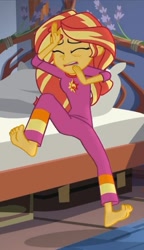 Size: 717x1243 | Tagged: safe, imported from derpibooru, screencap, sunset shimmer, equestria girls, legend of everfree, bed, clothes, cropped, feet, female, legend of everfeet, pajamas, solo