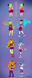 Size: 1280x3108 | Tagged: safe, artist:cyanoray, imported from derpibooru, adagio dazzle, dj pon-3, vinyl scratch, oc, oc:tori, human, equestria girls, character to character, mental shift, microphone, mirror, music notes, solo, transformation, transformation sequence