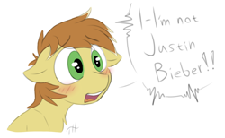 Size: 2438x1500 | Tagged: safe, artist:fakskis, imported from derpibooru, feather bangs, earth pony, pony, 30 minute art challenge, blushing, chest fluff, cute, dialogue, floppy ears, justin bieber, male, open mouth, simple background, sketch, solo, stallion, text, white background