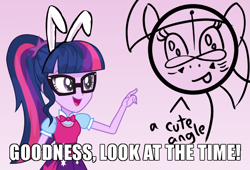 Size: 700x475 | Tagged: safe, alternate version, artist:wawtoons, edit, imported from derpibooru, sci-twi, twilight sparkle, equestria girls, :p, bowtie, bunny ears, caption, clock, clothes, dress, glasses, image macro, infinity, look at the time, meme, my little pony logo, pointing, ponytail, skirt, speech, text, tongue out, twilight sparkle (alicorn), unknown pony, vector