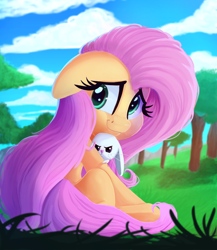 Size: 1734x2000 | Tagged: safe, artist:discorded, imported from derpibooru, angel bunny, fluttershy, pony, angry, cute, digital art, female, floppy ears, hnnng, mare, shyabetes, smiling, tree