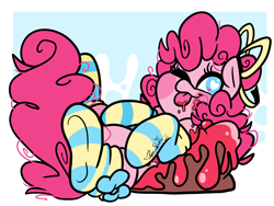 Size: 4000x3000 | Tagged: safe, artist:befishproductions, imported from derpibooru, pinkie pie, earth pony, pony, clothes, cute, diapinkes, female, food, heart eyes, one eye closed, socks, solo, striped socks, tongue out, wingding eyes, wink