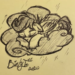 Size: 2361x2361 | Tagged: safe, artist:binkyt11, imported from derpibooru, scootaloo, pegasus, pony, cloud, female, filly, pen, signature, sleeping, solo, sticky note, traditional art