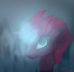 Size: 833x821 | Tagged: safe, artist:brendalobinha, imported from derpibooru, tempest shadow, pony, unicorn, my little pony: the movie, broken horn, bust, ear fluff, female, horn, looking at you, magic, mare, solo