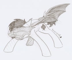 Size: 999x833 | Tagged: safe, artist:ravenpuff, imported from derpibooru, oc, oc:puffy, bat pony, pony, bat pony oc, bat wings, dab, female, mare, monochrome, solo, traditional art, wing dab, wing hands, wings