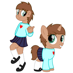 Size: 3000x3000 | Tagged: safe, artist:peternators, imported from derpibooru, oc, oc:heroic armour, human, pony, unicorn, boy, clothes, colt, crossdressing, cute, humanized, looking at each other, male, mary janes, miniskirt, pleated skirt, self paradox, self ponidox, shoes, simple background, skirt, socks, solo, sweater, thumbs up, transparent background