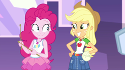 Size: 1920x1080 | Tagged: safe, imported from derpibooru, screencap, applejack, pinkie pie, constructive criticism, equestria girls, equestria girls series, applejack's hat, bandage, broken hand, clothes, constructive criticism: pinkie pie, cowboy hat, cute, denim skirt, diapinkes, duo, duo female, female, freckles, geode of sugar bombs, geode of super strength, hat, jackabetes, magical geodes, skirt, smiling, stetson