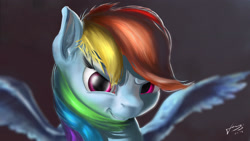 Size: 3265x1837 | Tagged: safe, artist:skribbler84, imported from derpibooru, rainbow dash, pegasus, pony, badass, cool, female, looking at you, mare, solo, spread wings, wings