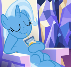 Size: 1004x938 | Tagged: safe, edit, edited screencap, imported from derpibooru, screencap, trixie, all bottled up, caprisun, cropped, drinking, eyes closed, hoof hold, product placement