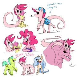 Size: 5000x5000 | Tagged: safe, artist:the-blackeye, imported from derpibooru, li'l cheese, pinkie pie, oc, oc:mechika, alien, earth pony, hybrid, pony, unicorn, the last problem, bag, baking, black sclera, blank flank, cap, cloven hooves, crack shipping, crossover, crossover shipping, cutie mark, dragon ball, dragon ball z, female, hat, long tail, majin boo, majin buu, male, mare, ponified, saddle bag, sharp teeth, shipping, sketch, sketch dump, stallion, teeth, what if