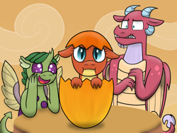 Size: 2048x1536 | Tagged: safe, artist:danieladragonexe, artist:kindheart525, imported from derpibooru, oc, oc:amber magma, oc:emerald beetle, oc:inferno, dragon, hybrid, kindverse, baby, father and child, father and daughter, female, interspecies offspring, magical gay spawn, male, offspring, offspring's offspring, parent:garble, parent:oc:inferno, parent:spike, parent:thorax, parents:oc x oc, parents:thoraxspike