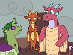 Size: 1032x774 | Tagged: safe, artist:kindheart525, artist:raventhatflieshigh, imported from derpibooru, oc, oc:amber magma, oc:emerald beetle, oc:inferno, dragon, hybrid, kindverse, father and child, father and daughter, female, interspecies offspring, magical gay spawn, male, offspring, offspring's offspring, parent:oc:inferno, parent:spike, parent:thorax, parents:oc x oc, parents:thoraxspike